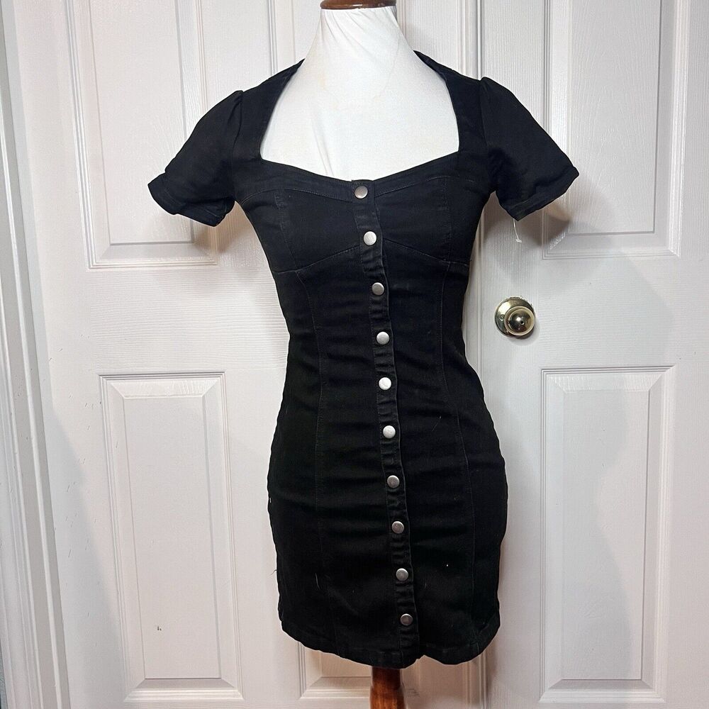 Forever 21 Bodycon Denim Button Up Dress Size S Biker Rocker Goth Witch Punk - Picture 1 of 10